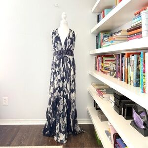 Teri Jon Richard Freeman Silk Elegant Navy and White Maxi Dress medium
